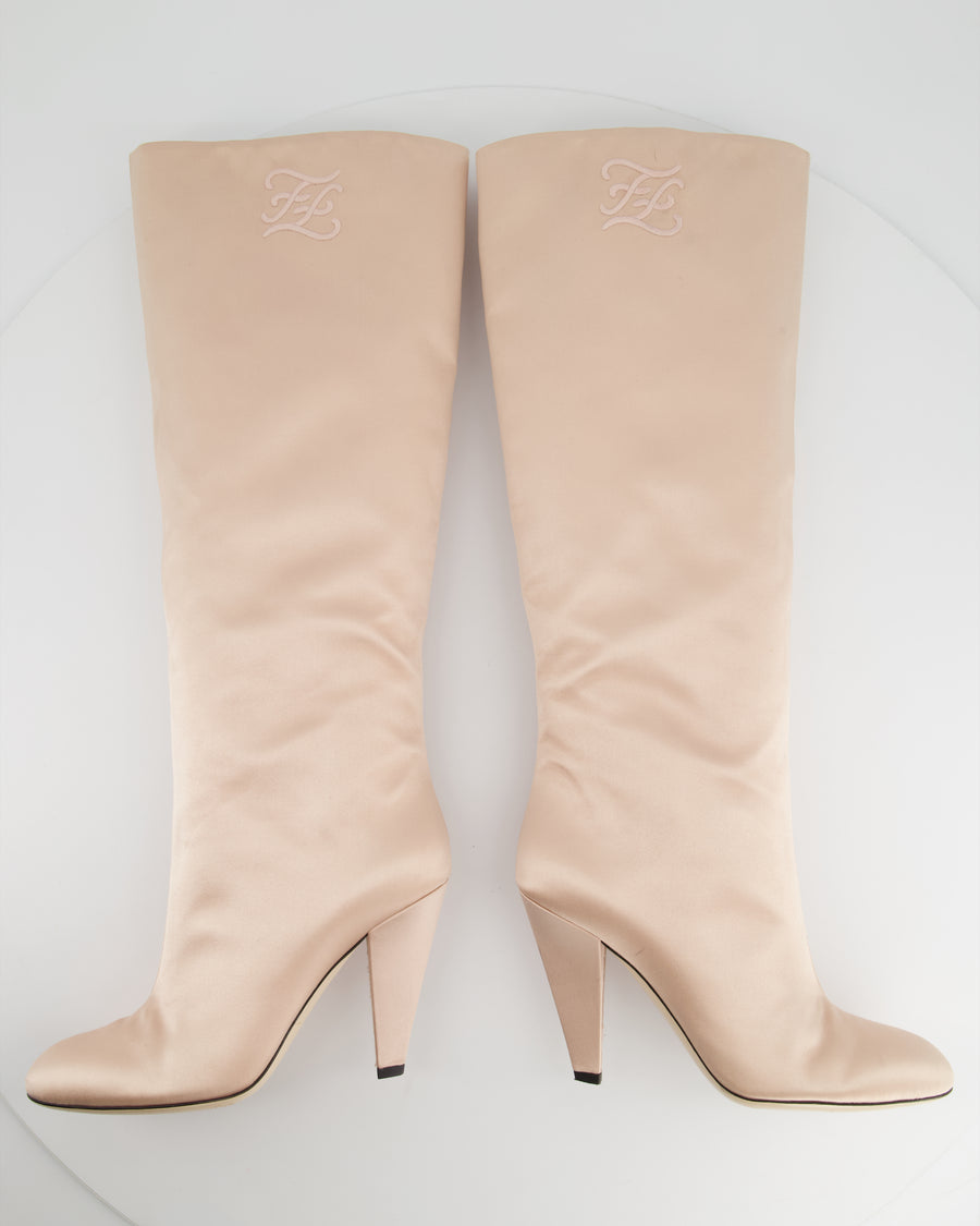 Fendi Blush Pink Satin Knee High Boots with Embroidered FF Logo Size EU 39