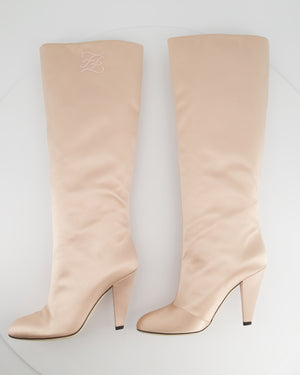 Fendi Blush Pink Satin Knee High Boots with Embroidered FF Logo Size EU 39