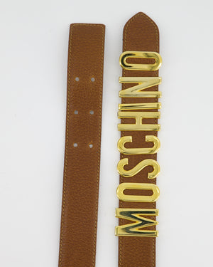 Moschino Brown Leather Logo Belt with Gold Hardware Size 44 (UK 12)