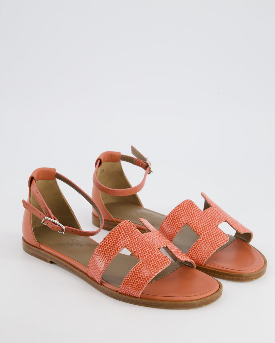 Hermès Santorini Sandal Orange Joey in Shiny Lizard Leather Size EU 35