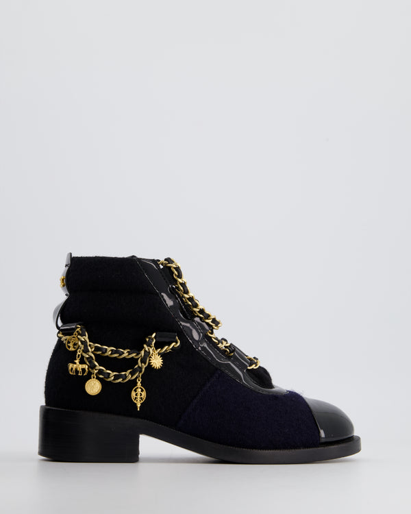 Chanel Navy, Black Wool and Patent Ankle Boot with Brushed Gold Charm Chain Detail Size EU 35