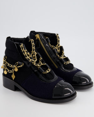 Chanel Navy, Black Wool and Patent Ankle Boot with Brushed Gold Charm Chain Detail Size EU 35