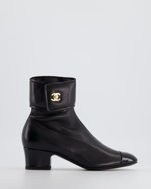 Chanel Black Leather Ankle Boots with Patent Toe and Champagne Gold CC Logo Detail Size EU 35.5C