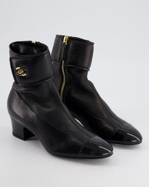 Chanel Black Leather Ankle Boots with Patent Toe and Champagne Gold CC Logo Detail Size EU 35.5C