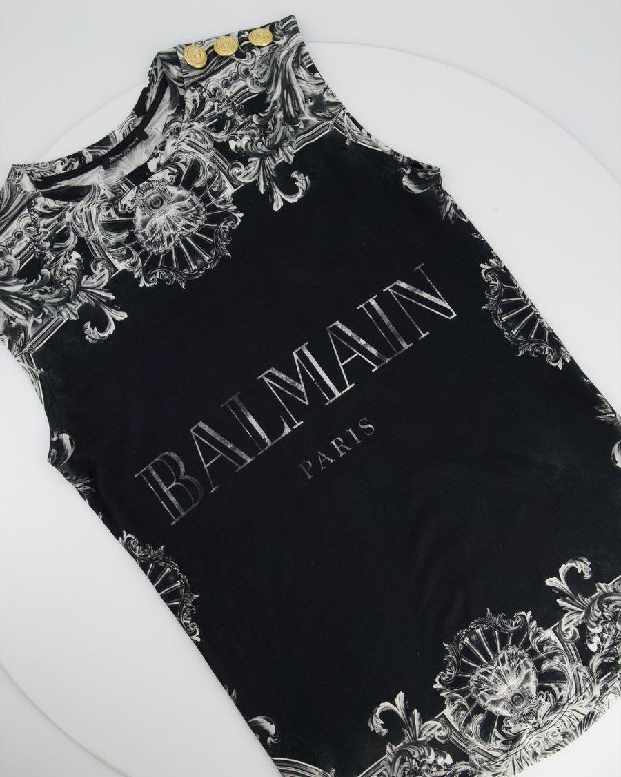 Balmain Black, White Printed Vest Top with Gold Button Detail Size FR 36 (UK 8)