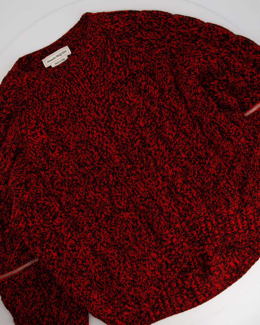 Alexander McQueen Red and Black Wool Knit Jumper with Zip Sleeve Detail Size L (UK 14)