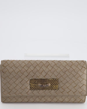 Bottega Veneta Taupe Intrecciato Wallet with Snakeskin Buckle Detail