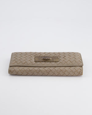 Bottega Veneta Taupe Intrecciato Wallet with Snakeskin Buckle Detail