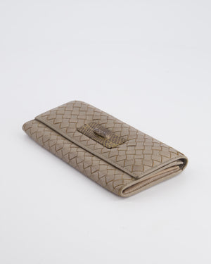 Bottega Veneta Taupe Intrecciato Wallet with Snakeskin Buckle Detail