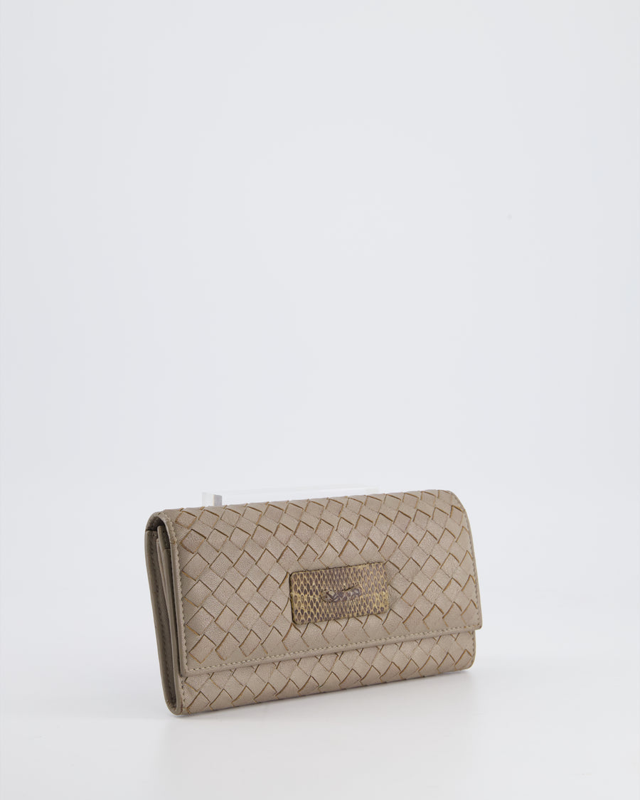 Bottega Veneta Taupe Intrecciato Wallet with Snakeskin Buckle Detail