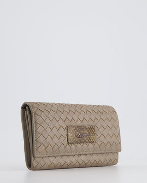 Bottega Veneta Taupe Intrecciato Wallet with Snakeskin Buckle Detail