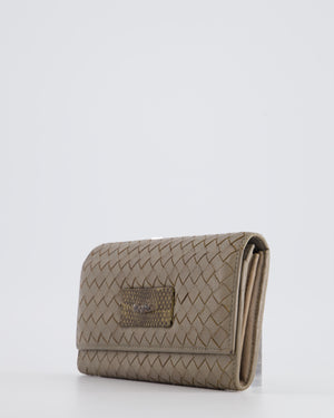 Bottega Veneta Taupe Intrecciato Wallet with Snakeskin Buckle Detail