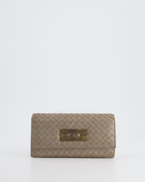 Bottega Veneta Taupe Intrecciato Wallet with Snakeskin Buckle Detail