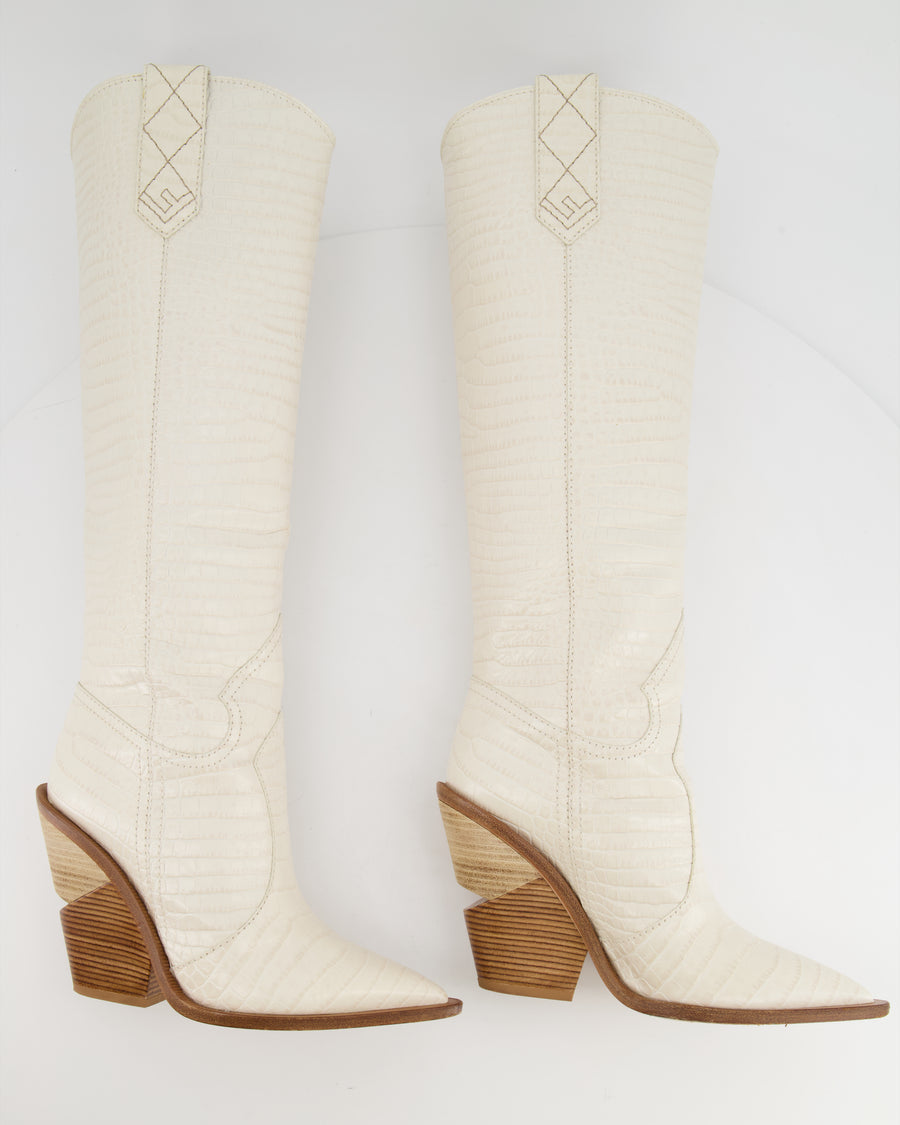 Fendi White Croc-Embossed Cowboy Boots Size 37