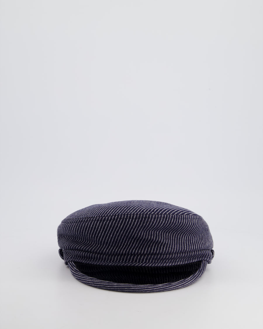 Chanel Navy Striped Baker Boy Hat with Patent Panel Detail Size M