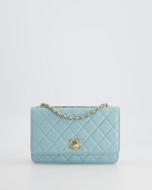 *HOT COLOUR* Chanel Baby Blue Quilted Trendy Wallet on Chain Bag in Lambskin Leather with Champagne Gold Hardware