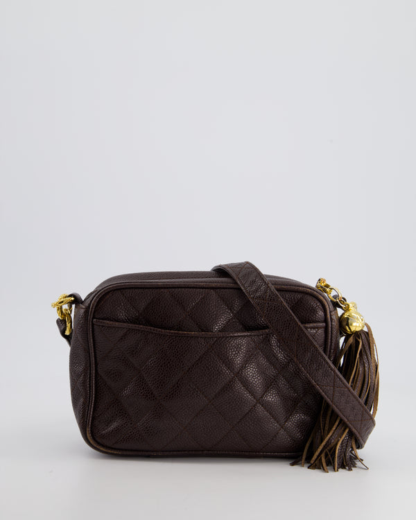 Chanel Vintage Chocolate Brown Small Camera Bag in Caviar Leather with Gold Hardware