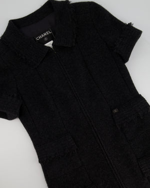 Chanel Charcoal Short Sleeve Mid Length Pocketed Jacket with Frayed Detail FR 34 (UK 6)