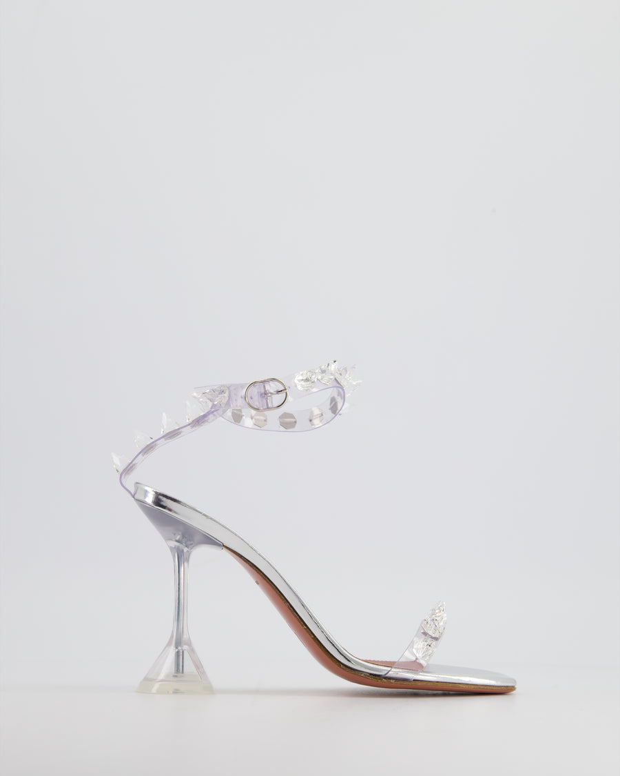 *CUTE* Amina Muaddi Transparent Silver Julia Heeled Sandals with Stones Detail Size EU 35 RRP £1050