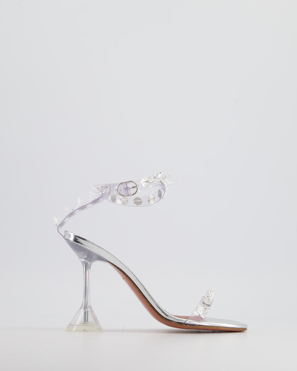 *CUTE* Amina Muaddi Transparent Silver Julia Heeled Sandals with Stones Detail Size EU 35 RRP £1050