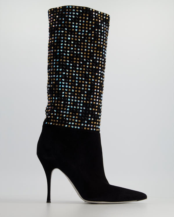 Rene Caovilla Black Suede and Multicolour Crystal Embellished Boots Size EU 40 RRP £1,450