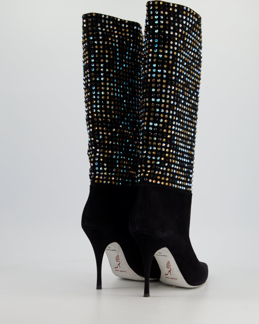 Rene Caovilla Black Suede and Multicolour Crystal Embellished Boots Size EU 40 RRP £1,450