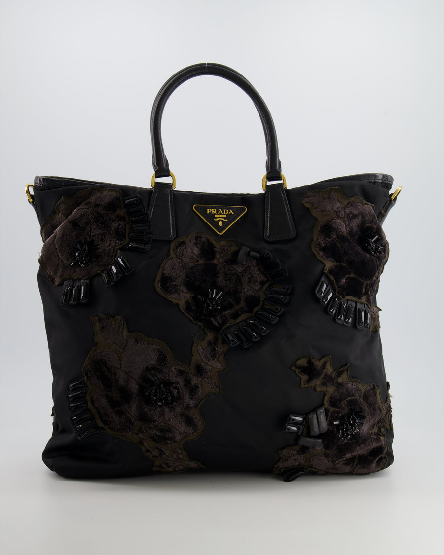 Prada Black Nylon Tote Bag with Gold Hardware, Velvet and Crystal Embroideries