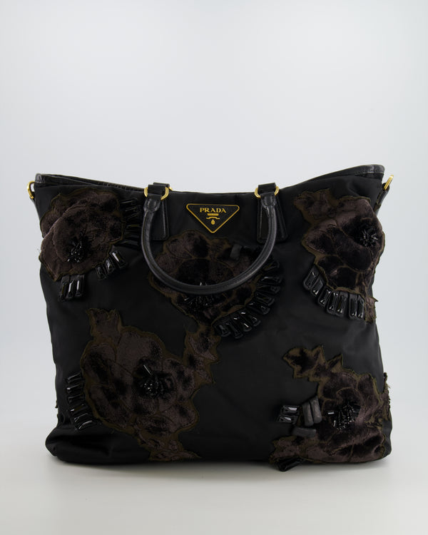 Prada Black Nylon Tote Bag with Gold Hardware, Velvet and Crystal Embroideries