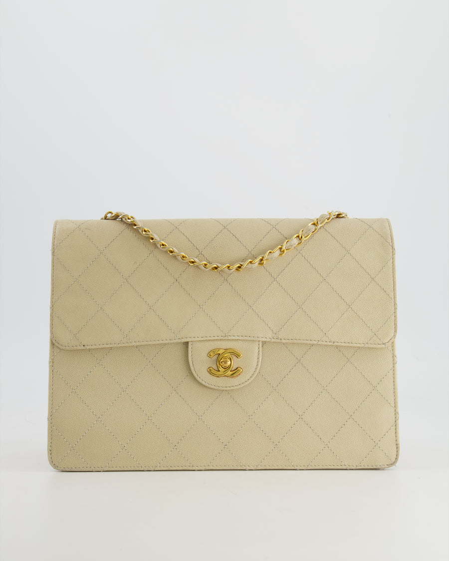 Chanel Vintage Beige Large Single Flap Bag in Caviar Leather with 24k Gold Hardware