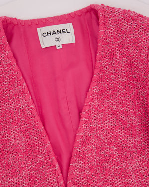 *HOT* Chanel 21C Pink Tweed Jacket and Skirt Set with CC Logo Buttons Size FR 42 (UK 14)