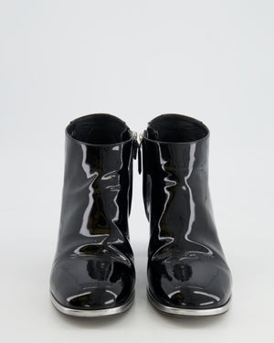 Chanel Black Patent and Silver Heeled Boots with CC Logo Size EU 39.5