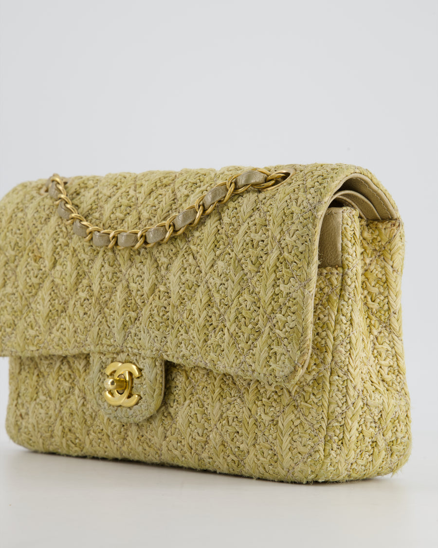 *SUPER HOT* Chanel Beige Raffia Medium Classic Double Flap Bag with Brushed Gold Hardware and Gold Leather Interior