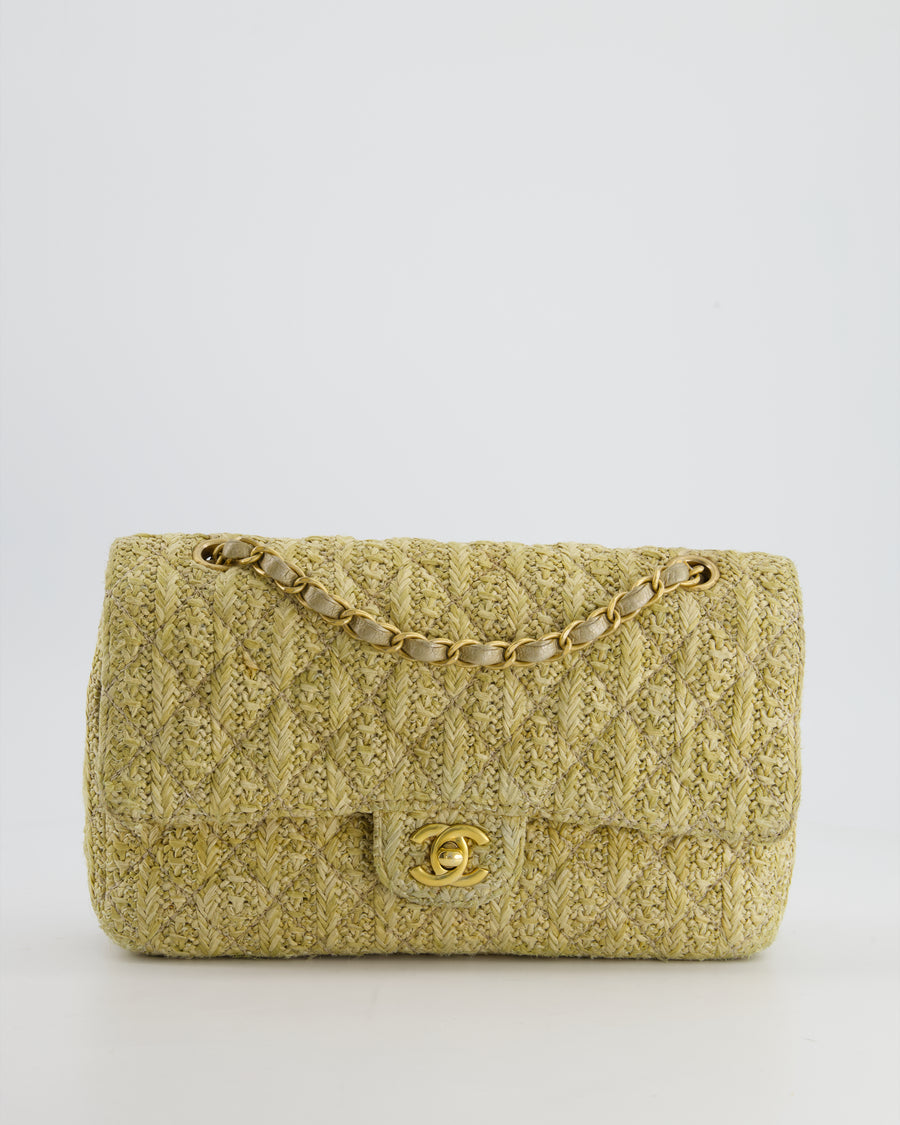 *SUPER HOT* Chanel Beige Raffia Medium Classic Double Flap Bag with Brushed Gold Hardware and Gold Leather Interior