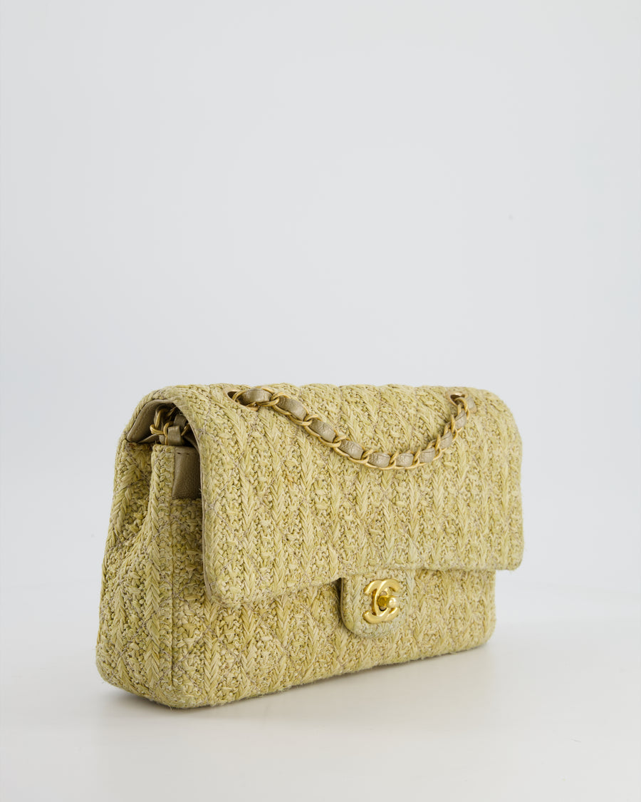 *SUPER HOT* Chanel Beige Raffia Medium Classic Double Flap Bag with Brushed Gold Hardware and Gold Leather Interior