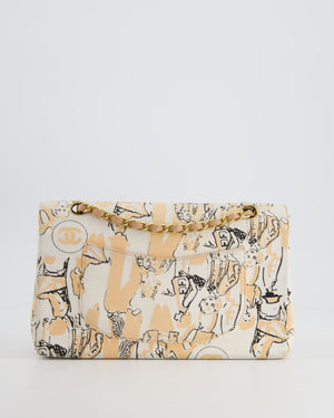 Chanel Peach and White Vintage Coco Print Classic Medium Double Flap Bag in Fabric with Brushed Gold Hardware