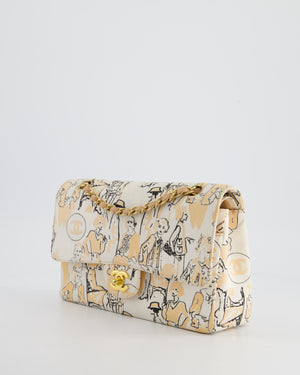 Chanel Peach and White Vintage Coco Print Classic Medium Double Flap Bag in Fabric with Brushed Gold Hardware