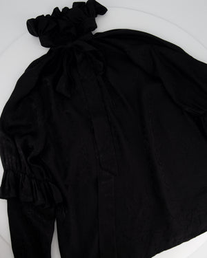 Saint Laurent Black Textured Silk Blouse with Neck Ruffle Detail, Sleeve Ruffle Detail, and Neck Tie Detail Size FR 38 (UK 10)