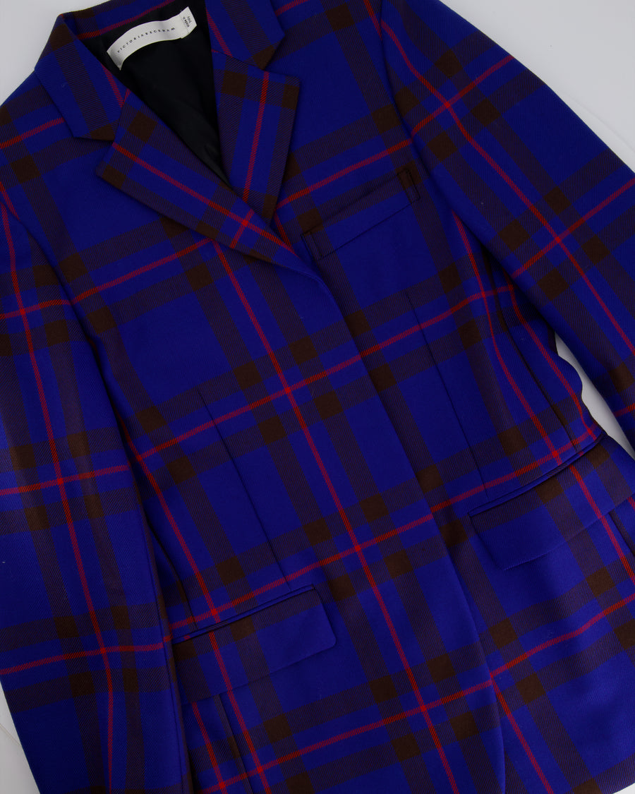 Victoria Beckham Electric Blue and Red Wool Checkered Blazer Jacket IT 40 (UK 8)