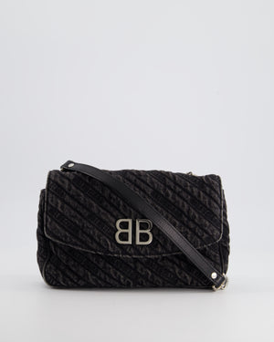 Balenciaga Black BB Denim Cross-Body Bag with Logo Stitching and Aged Silver Hardware.