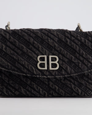 Balenciaga Black BB Denim Cross-Body Bag with Logo Stitching and Aged Silver Hardware.