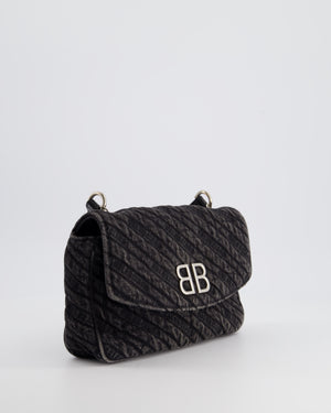 Balenciaga Black BB Denim Cross-Body Bag with Logo Stitching and Aged Silver Hardware.