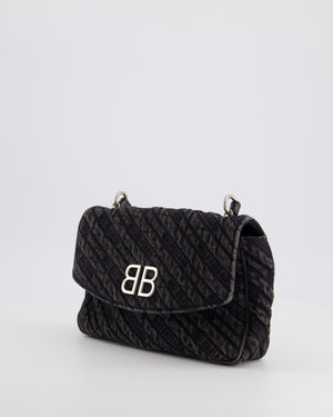 Balenciaga Black BB Denim Cross-Body Bag with Logo Stitching and Aged Silver Hardware.