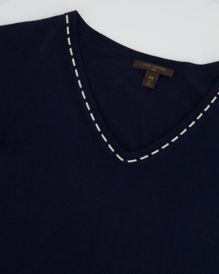 Louis Vuitton Navy Cashmere V-Neck Top with Cream Stitching Details Size XS (UK 6)