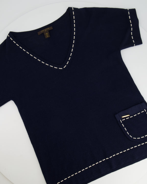 Louis Vuitton Navy Cashmere V-Neck Top with Cream Stitching Details Size XS (UK 6)