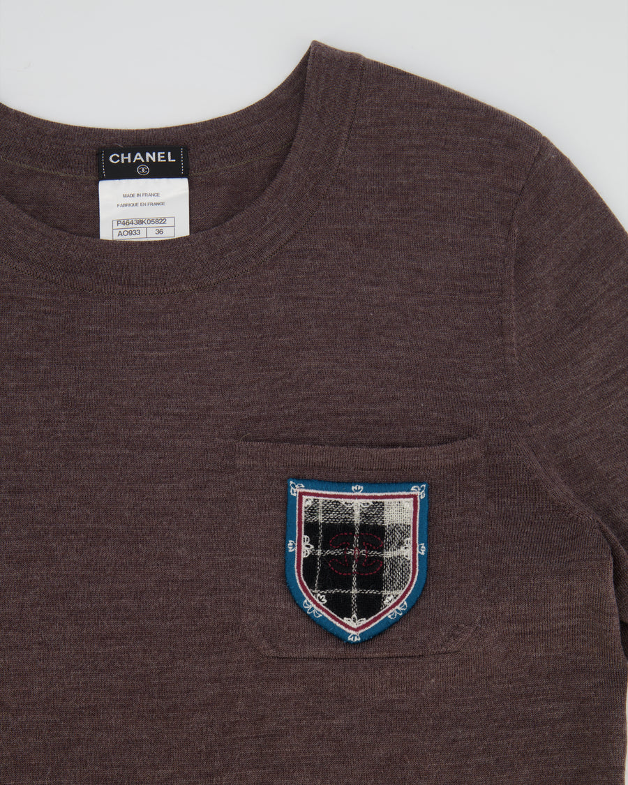 Chanel Brown Wool T-Shirt with CC Logo Embroidered Pocket Detail Size FR 36 (UK 8)