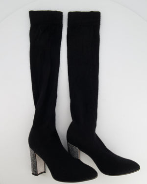 Rene Caovilla Black Stretch High-Knee Boots with Crystal Heel Size EU 37 RRP £1,450