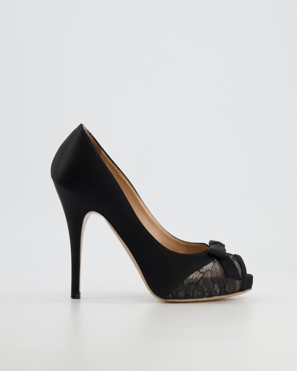 Valentino Black Satin Lace Open-Toe Heels with Bow Detail Size EU 37