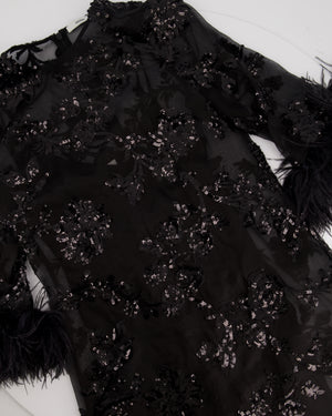 Erdem Black Silk Embellished Mini Dress with Cropped Sleeves and Feather Cuff Detail IT 40 (UK 8)