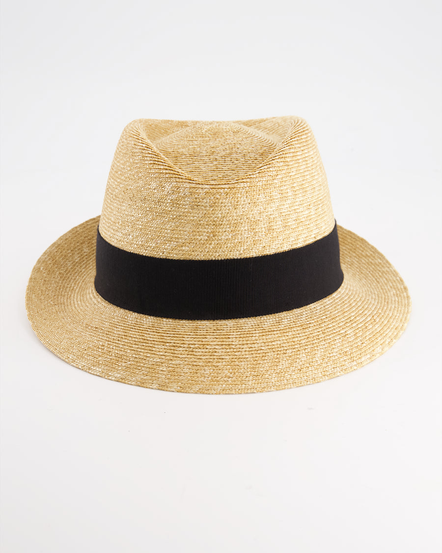 Prada Beige Raffia Woven Hat with Black Ribbon Detail