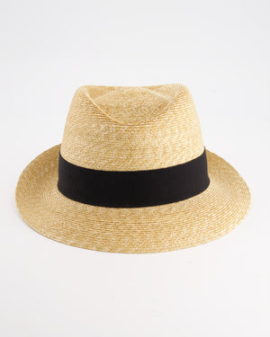 Prada Beige Raffia Woven Hat with Black Ribbon Detail